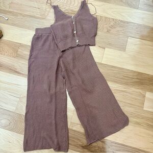 sincerely jules brown blush pink wide leg pants button up top knit set